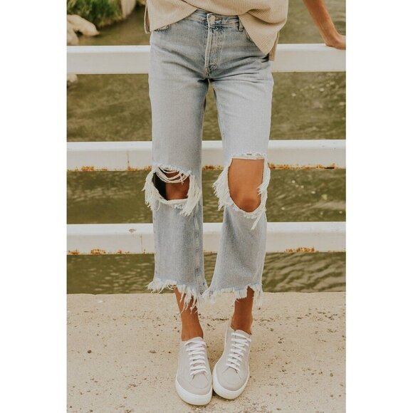 FREE PEOPLE Maggie Ripped Crop Straight Leg Jeans in Paradise Blue Size US 25 - Picture 1 of 14